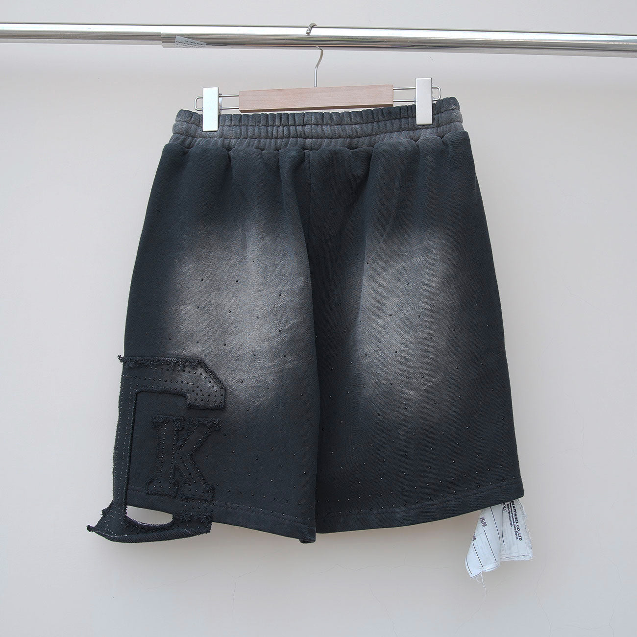 Custom Unisex Applique Logo Distressed Embroidery Shorts Pants Sunfaded Washed Men French Terry Rhinestone Sweat Shorts