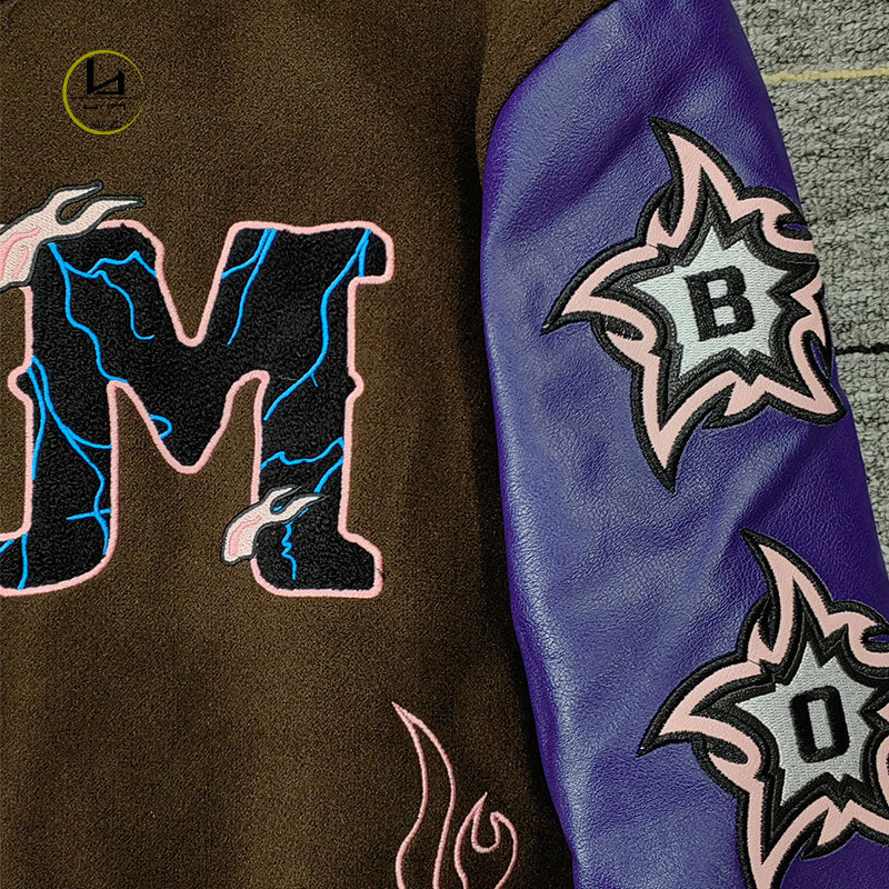 custom logo chenille embroidery letterman varsity jacket with leather sleeves
