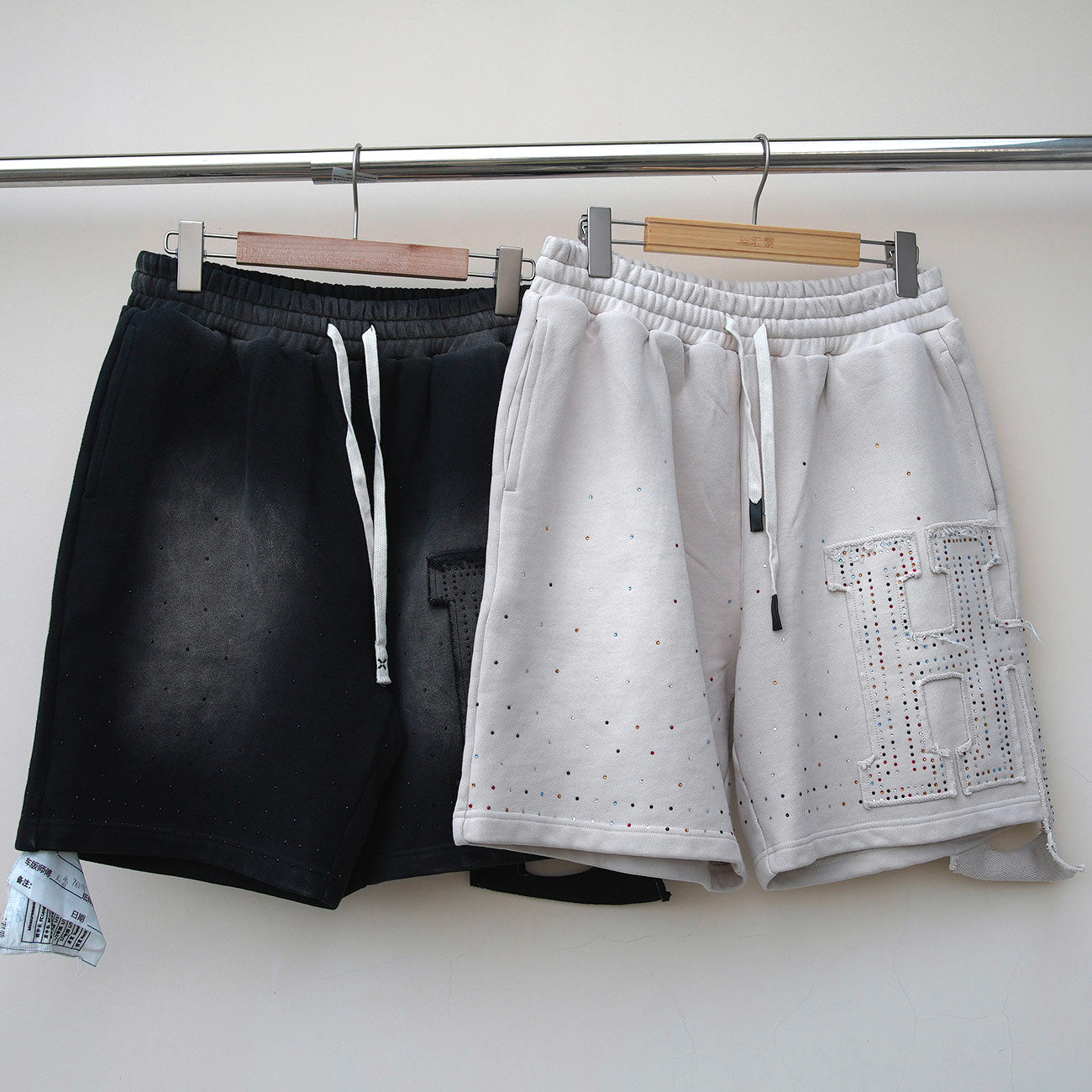 Custom Unisex Applique Logo Distressed Embroidery Shorts Pants Sunfaded Washed Men French Terry Rhinestone Sweat Shorts