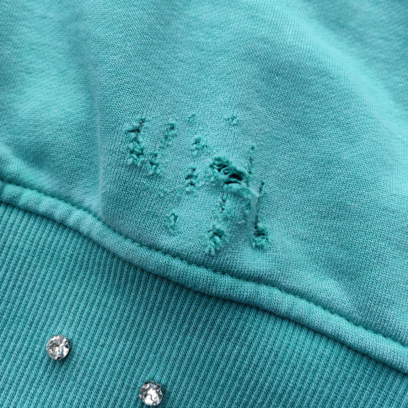 Heavily Distressed Zip Up Hoodie - Mint Studded Ripped Plaid Lining Y2K