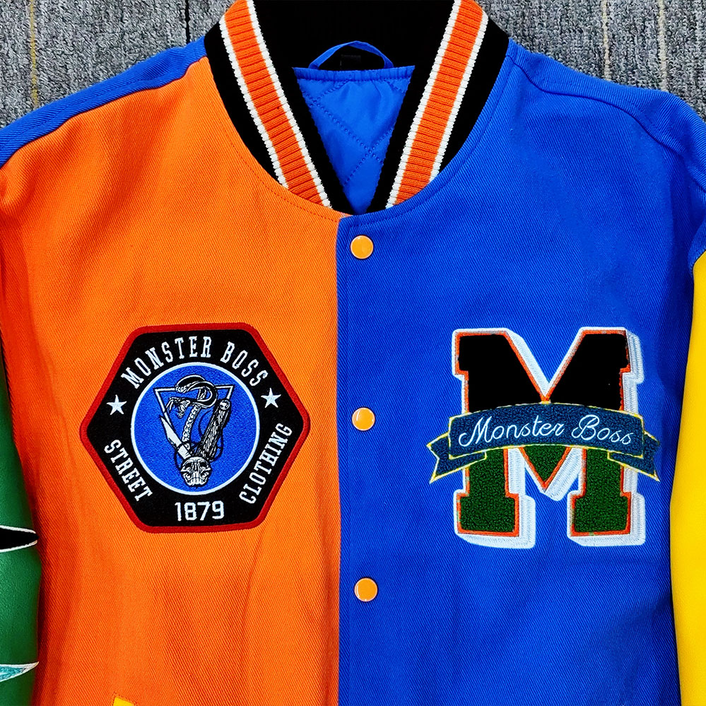 factory wholesale custom logo chenille embroidery letterman varsity jacket with leather sleeves