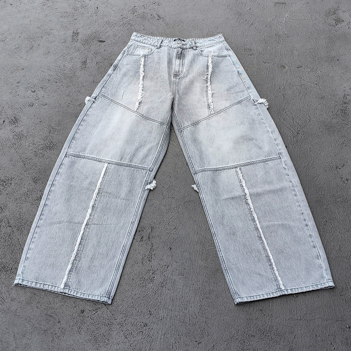 Wide Leg Jeans - Smoke Gray Acid Wash Geometric Panel Frayed Fringe Distressed Y2K Streetwear
