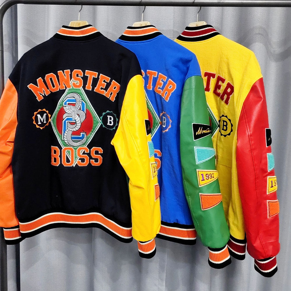 factory wholesale custom logo chenille embroidery letterman varsity jacket with leather sleeves