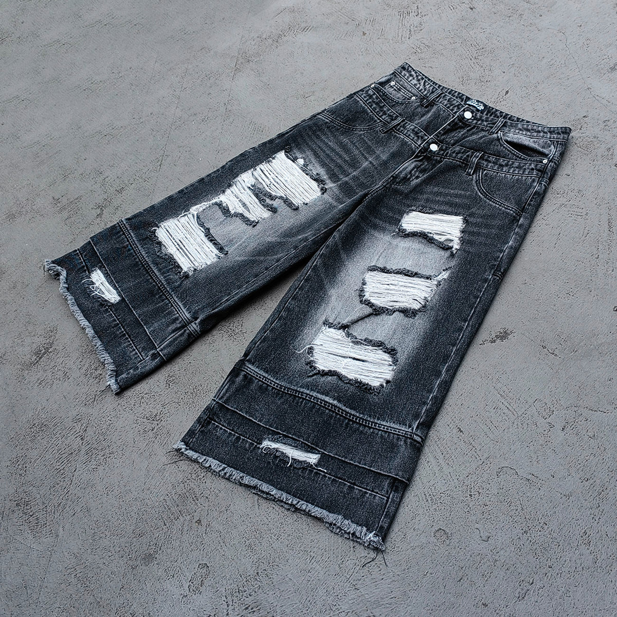 Wide Leg Jeans - Black Gray Acid Wash Double Waistband Heavy Ripped Distressed Frayed Hem Y2K Streetwear