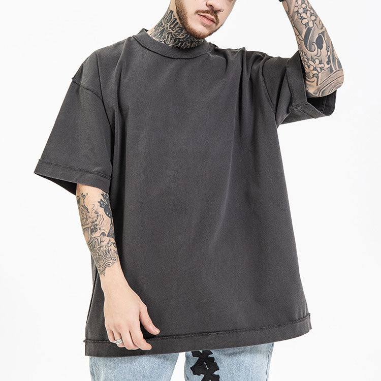 Huili manufacturer spring and summer high street heavy wash 270g anti-car process loose large size solid color off shoulder short sleeve T-shirt