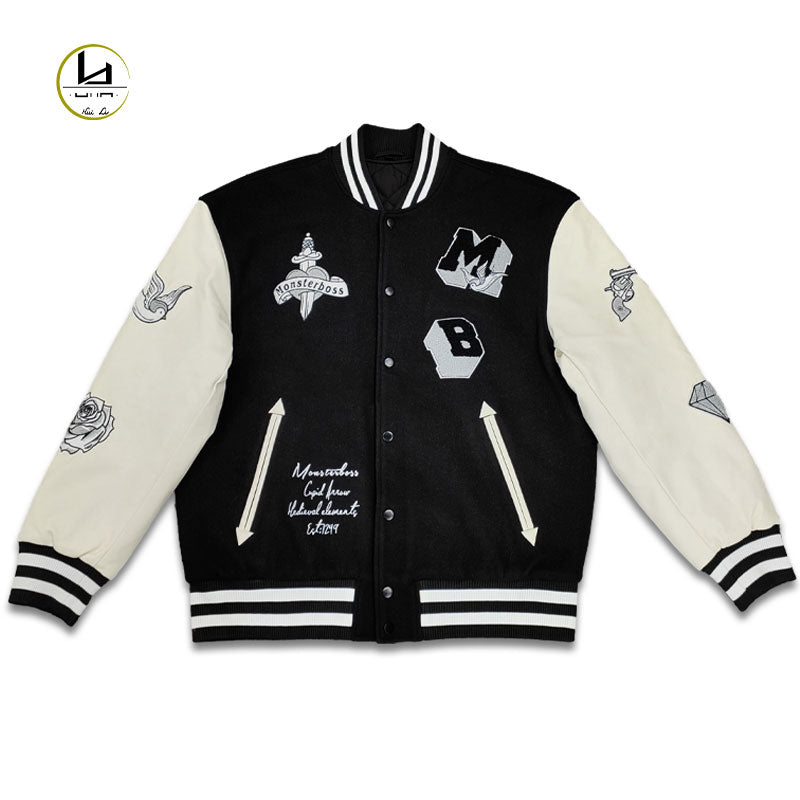 Huili factory wholesale custom logo chenille embroidery letterman varsity jacket with leather sleeves