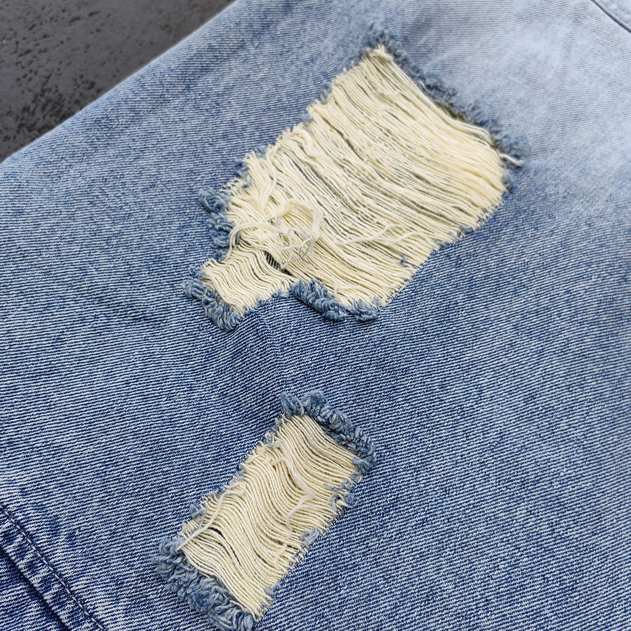 Wide Leg Jeans - Light Blue Acid Wash Double Waistband Heavy Ripped Distressed Frayed Hem Y2K Streetwear