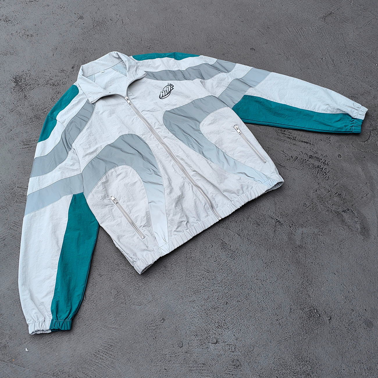 Color Block Track Suit Set - Light Gray Teal Stand Collar Windbreaker Jacket Shorts Y2K Streetwear