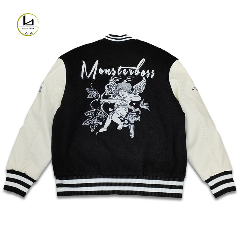 factory wholesale custom logo chenille embroidery letterman varsity jacket with leather sleeves