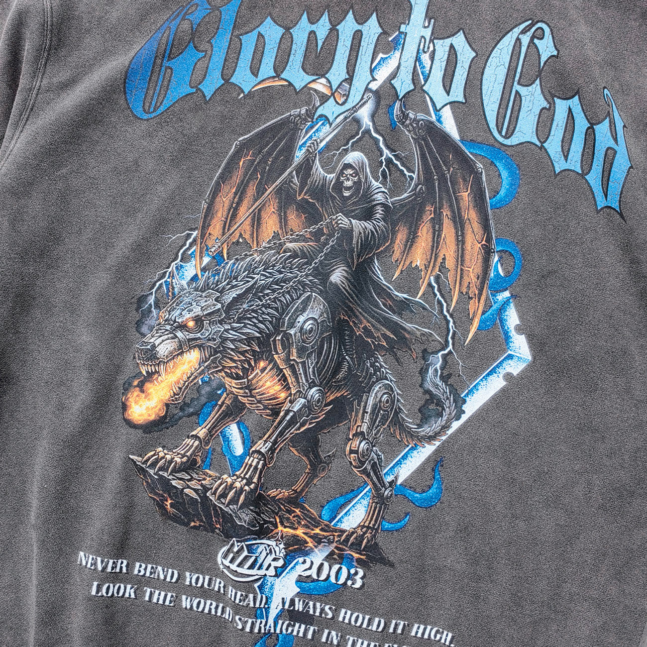 Holy Glory Rhinestone Hoodie - Dark Gray Acid Wash Grim Reaper Wolf Print Studded Y2K Streetwear