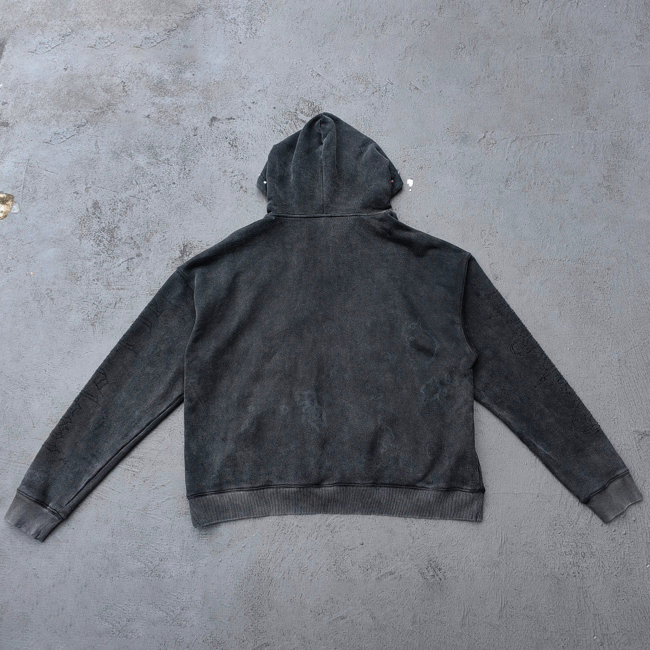 Holy Glory Rhinestone Hoodie - Black Acid Wash Grim Reaper Scythe Hellhound Print Studded Y2K Streetwear