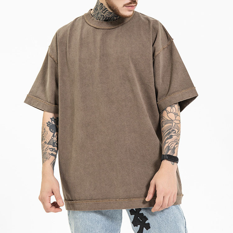 Huili manufacturer spring and summer high street heavy wash 270g anti-car process loose large size solid color off shoulder short sleeve T-shirt