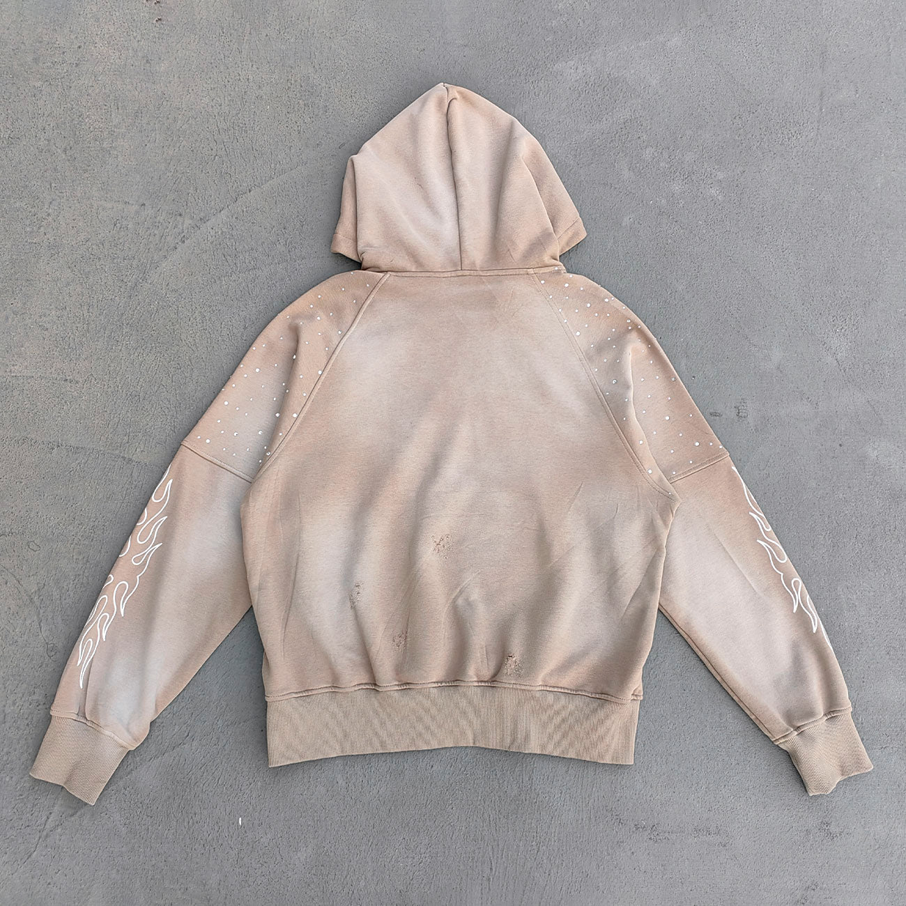 FEARLESS Rhinestone Hoodie - Flame Print Khaki Distressed Y2K Streetwear