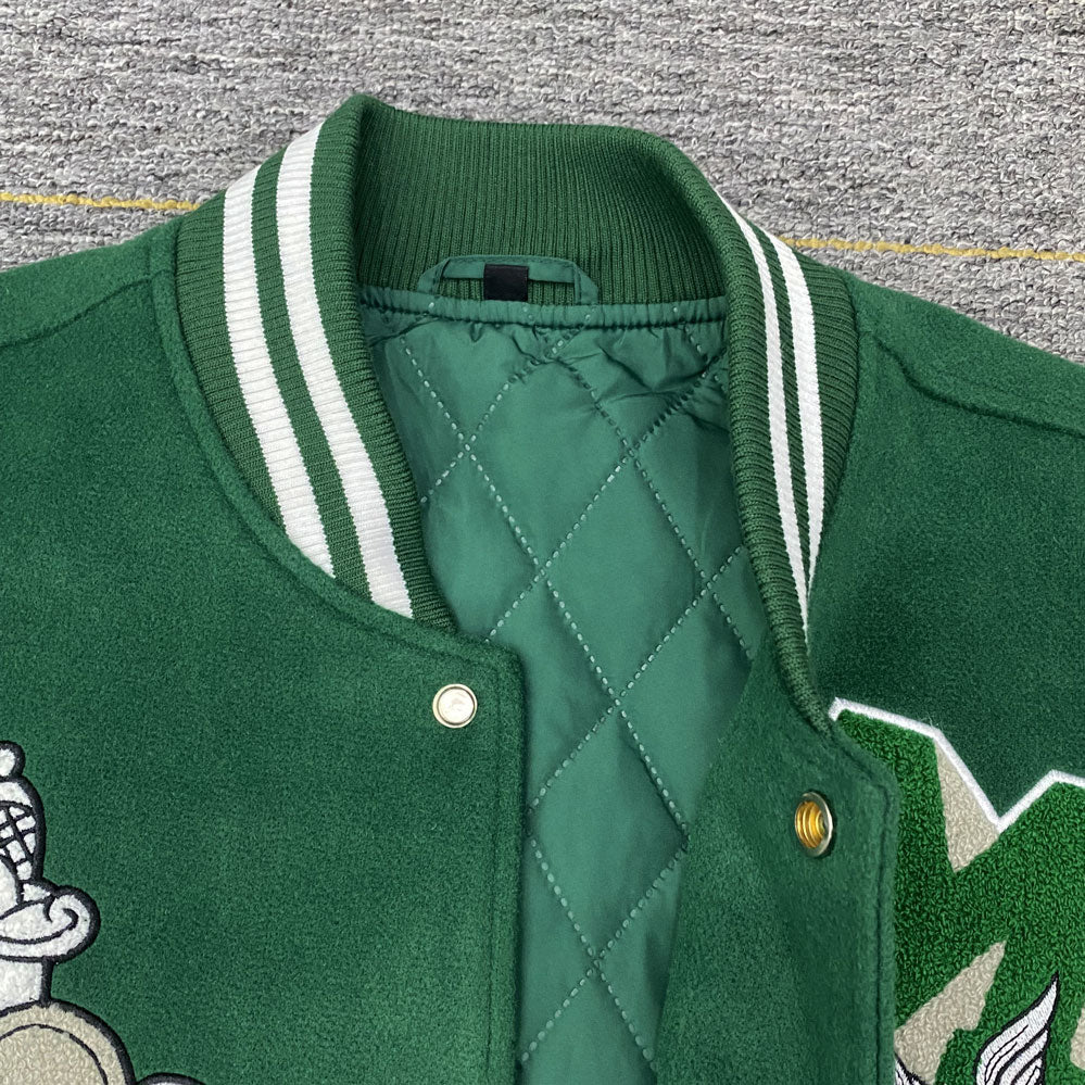 factory wholesale custom logo chenille embroidery letterman varsity jacket with leather sleeves