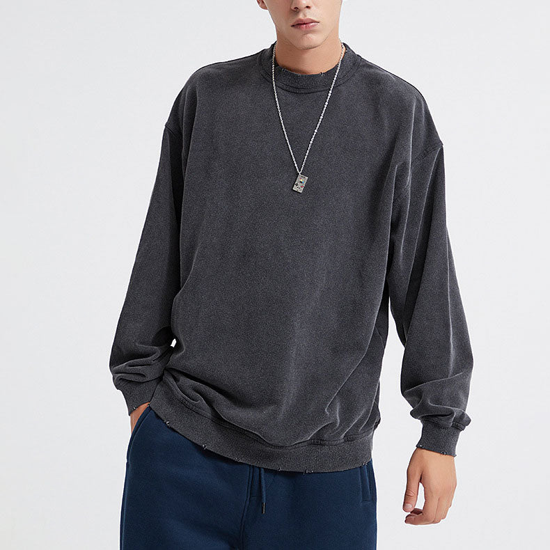 420g heavy round neck fur circle vintage hoodie washed to make old worn pull-over fashion hoodie