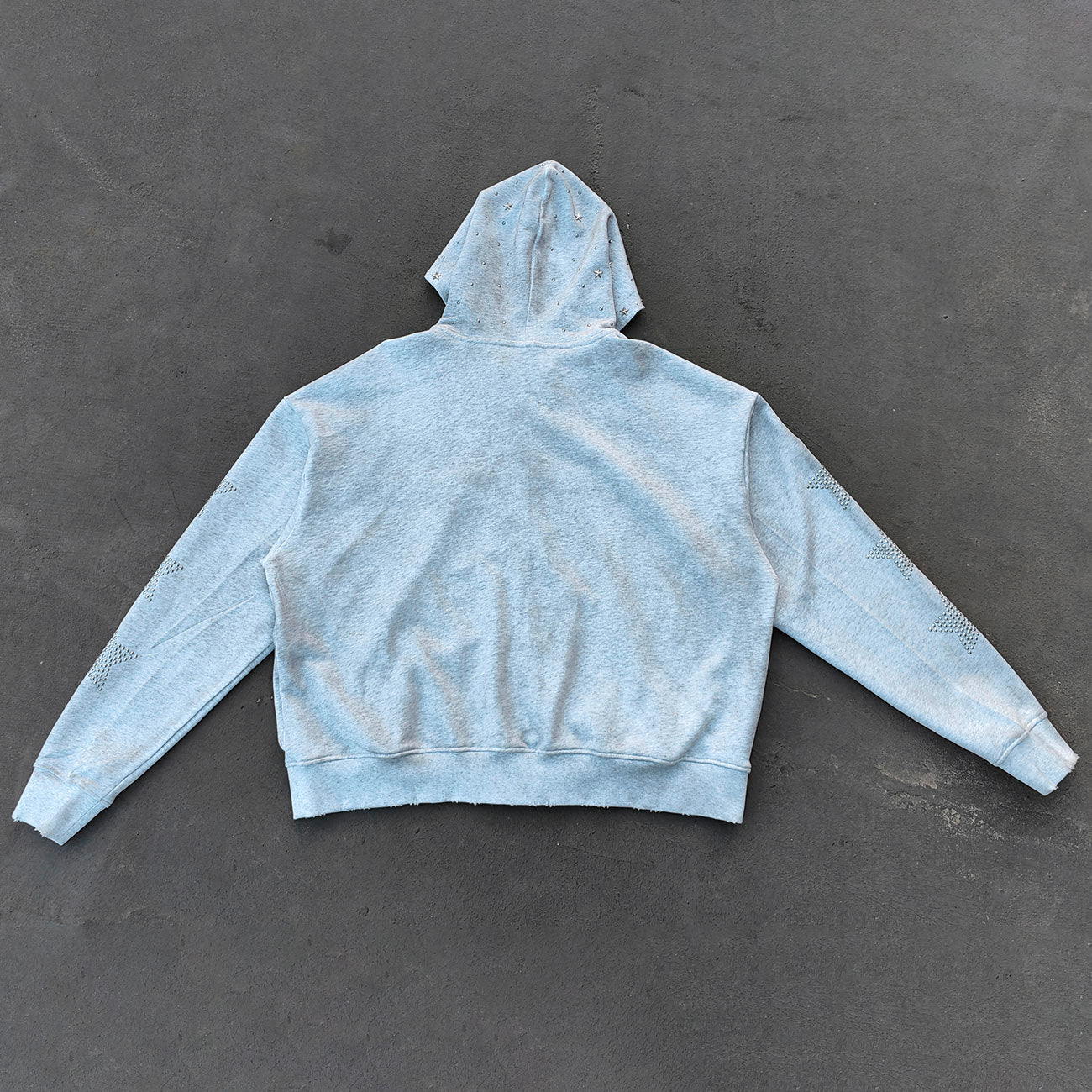 Star Rhinestone Zip Up Hoodie - Light Gray Studded Ripped Distressed Y2K Streetwear