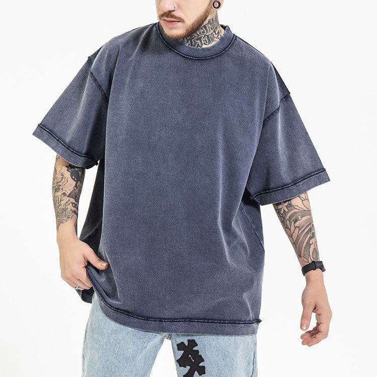 Huili manufacturer spring and summer high street heavy wash 270g anti-car process loose large size solid color off shoulder short sleeve T-shirt