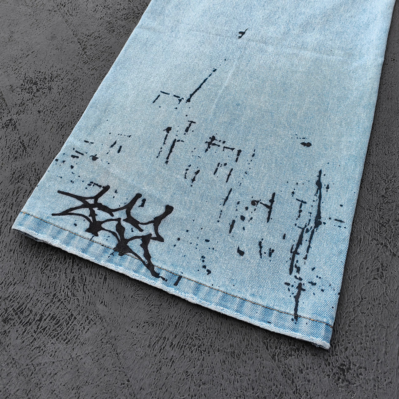 Y2K Gothic Jeans - Light Blue Wash Skull Cross Spider Print All Over Dark Graphic Wide Leg Baggy Oversized