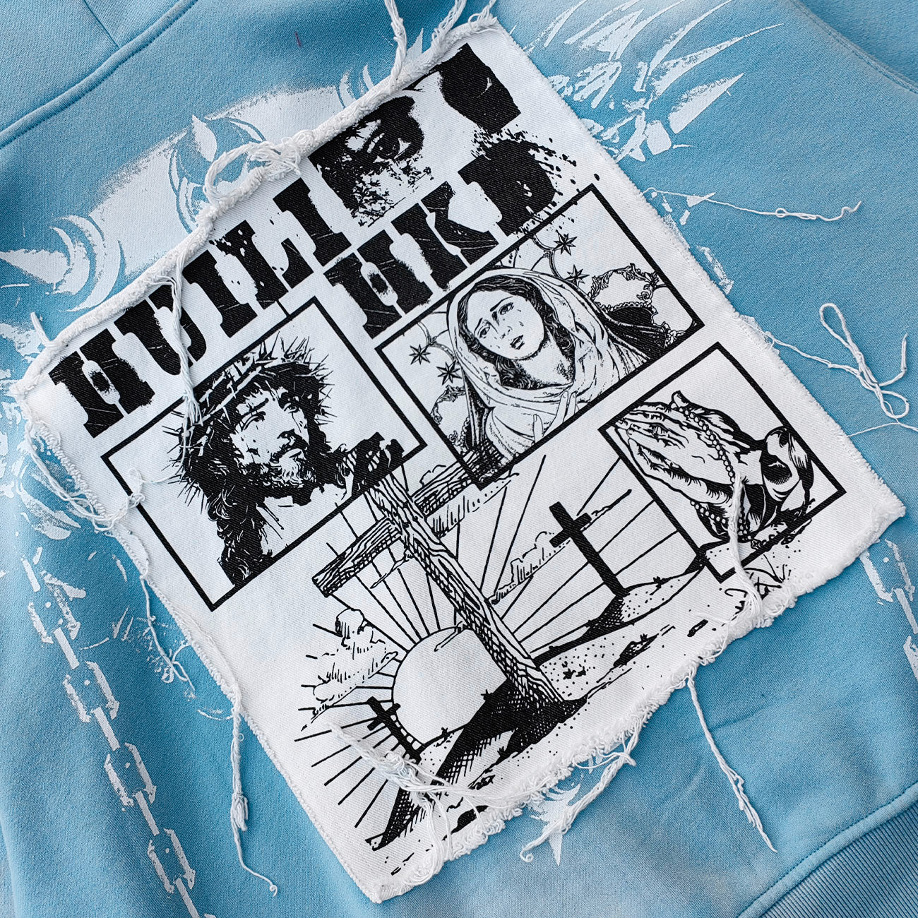 Chain Cross Print Zip Up Hoodie - Light Blue Rhinestone Studded Distressed Y2K Streetwear