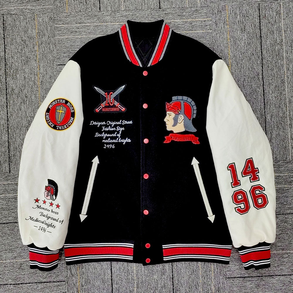 Huili factory wholesale custom logo chenille embroidery letterman varsity jacket with leather sleeves