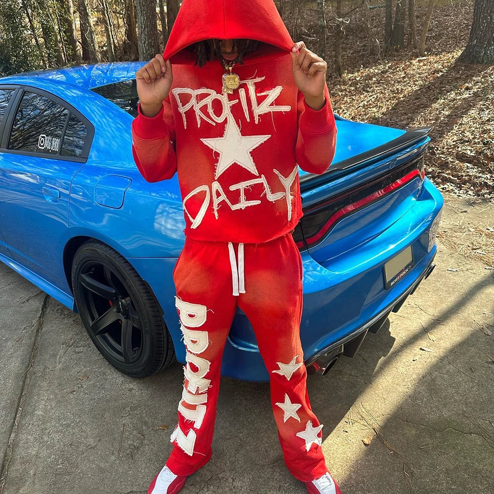 Two Piece Tracksuits Embroidery Logo Patched Sweatsuits Set Custom Vintage Washed Men Hoodies Sweatpants Sets