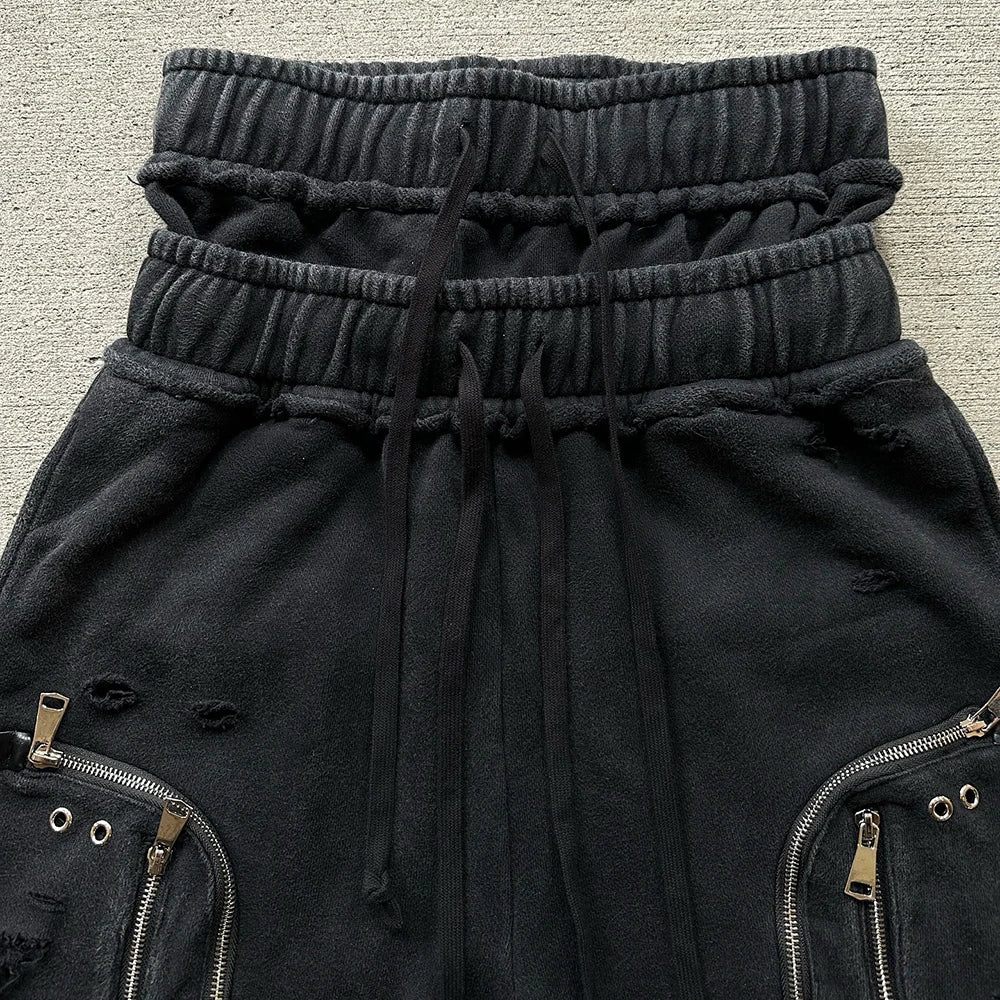 High Street Thick Cotton Sweat Shorts Men Custom Cargo Pockets Double Waist Streetwear Cargo Sweat Shorts