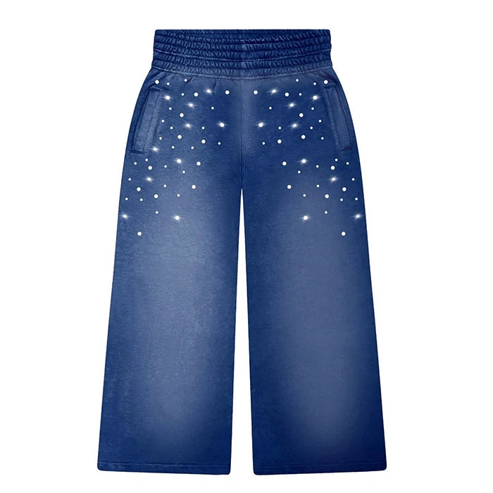 New Custom Vintage Washed Sun Faded Sweatpants Men Oversized Thick Cotton Rhinestone Straight Wige Leg Sweatpants