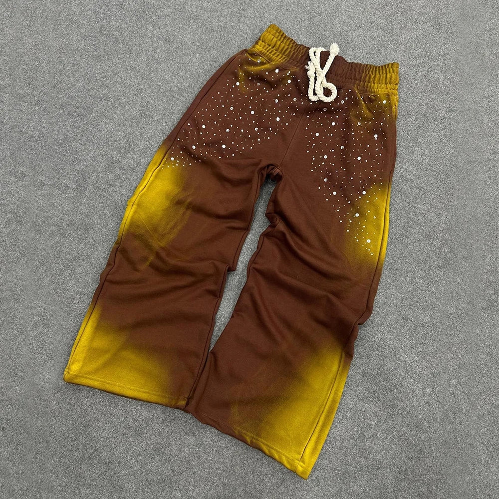Heavyweight Cotton Sweat Pants Custom Rhinestone Sunfaded Washed Men Wide Waistband Baggy Sweatpants
