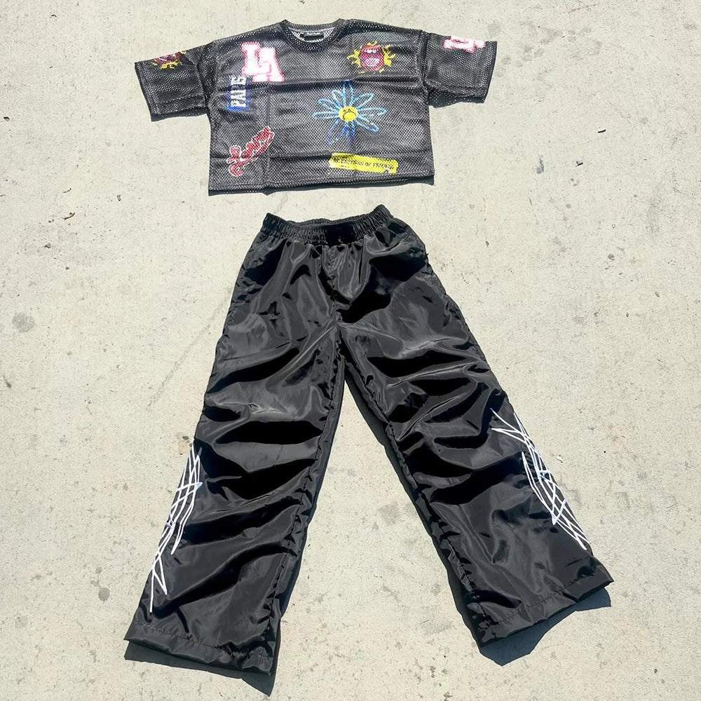 Oem Wholesale Elastic Waist Nylon Track Sweatpants Men Custom Printing Logo Straight Wide Leg Baggy Track Pants