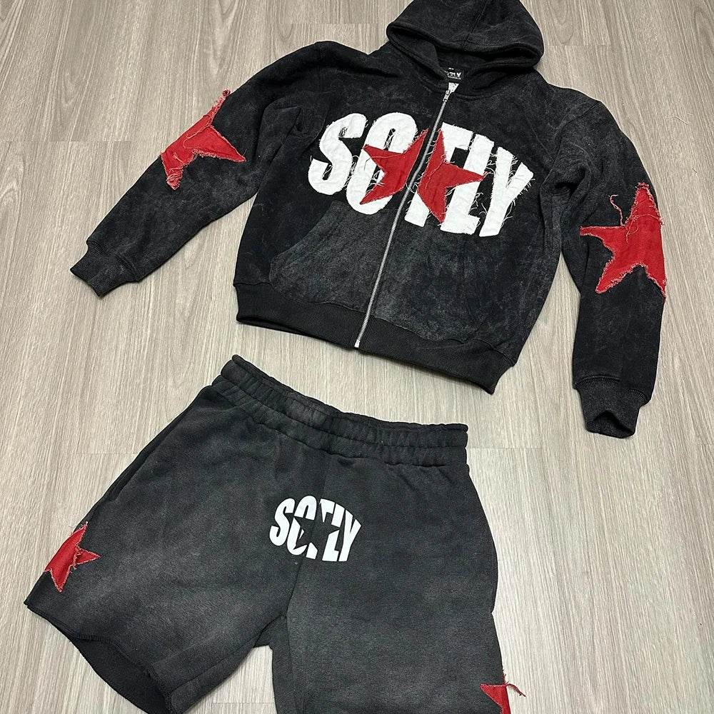 Custom Logo Print Applique Patched Embroidery Shorts Tracksuits Men Heavyweight Cotton Two Piece Hoodie Sweat Shorts Sets