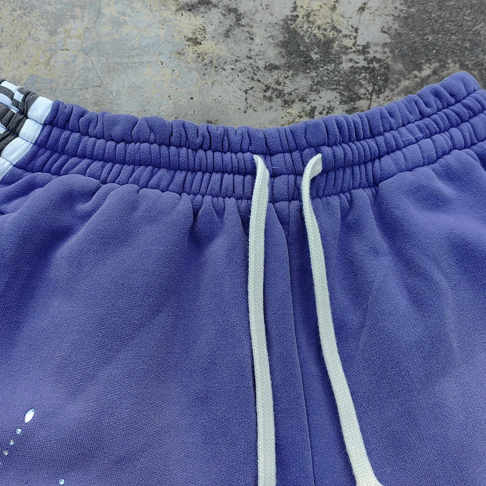 Heavyweight Cotton Side Logo Printed Shorts Custom Sunfaded Washed Men Oversized Raw Hem Bottom Rhinestone Sweat Shorts