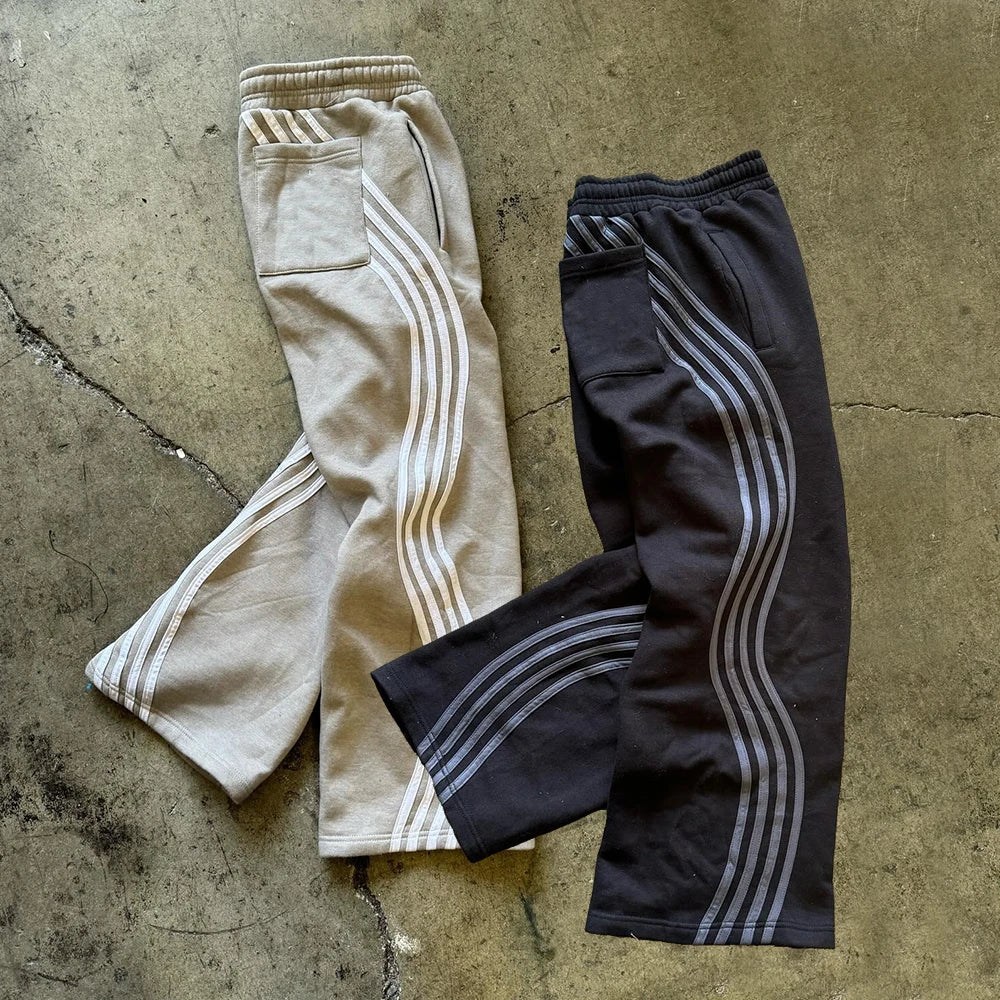 Streetwear Heavyweight Cotton Jogger Sweat Pants Custom Striped Side Men Wide Leg Baggy Sweatpants