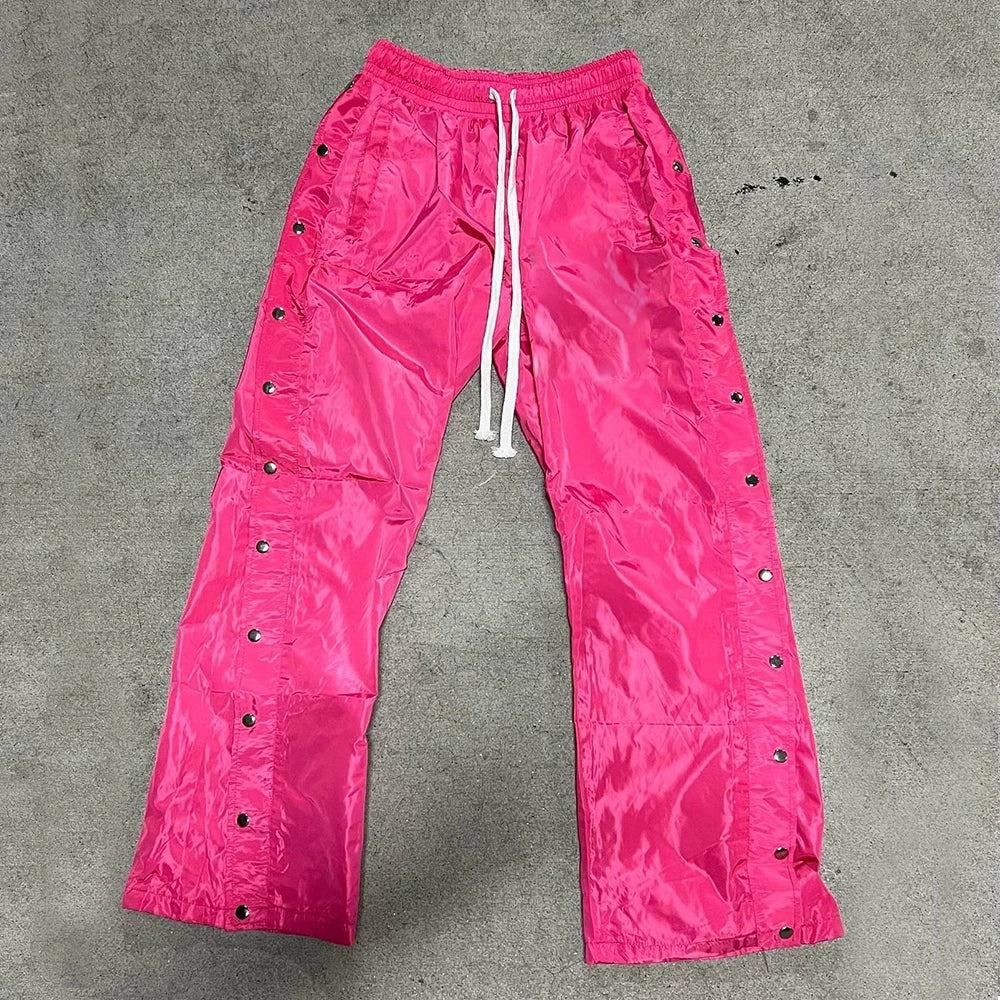 Custom Loose Pants Solid Color Wide Leg Track Pants Drawstring Waist Men Custom Snap Button Side Nylon Pants