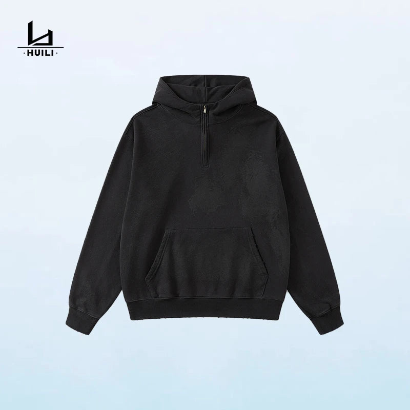 Wholesale Vintage Heavyweight Half-Zip Hoodie in Acid Wash Custom Logo Pullover Acid Wash Streetwear