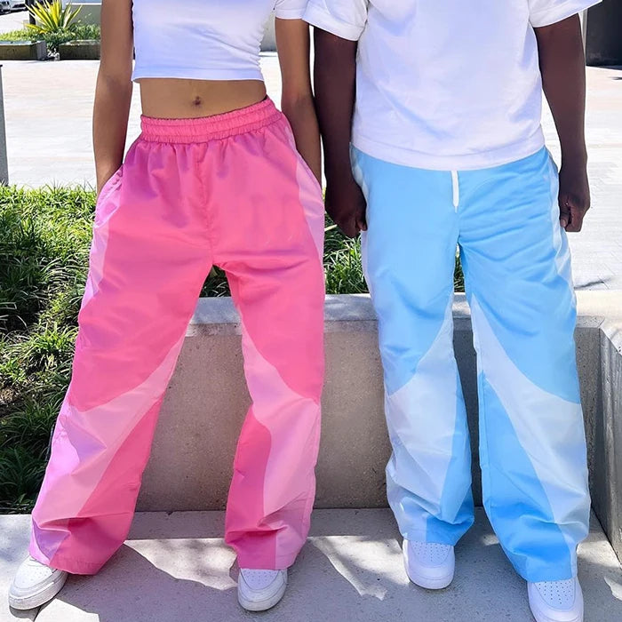 Oem Unisex Oversized Fit Elastic Waist Nylon Pants Trousers Custom Color Block Design Men Straight Wide Leg Track Pants