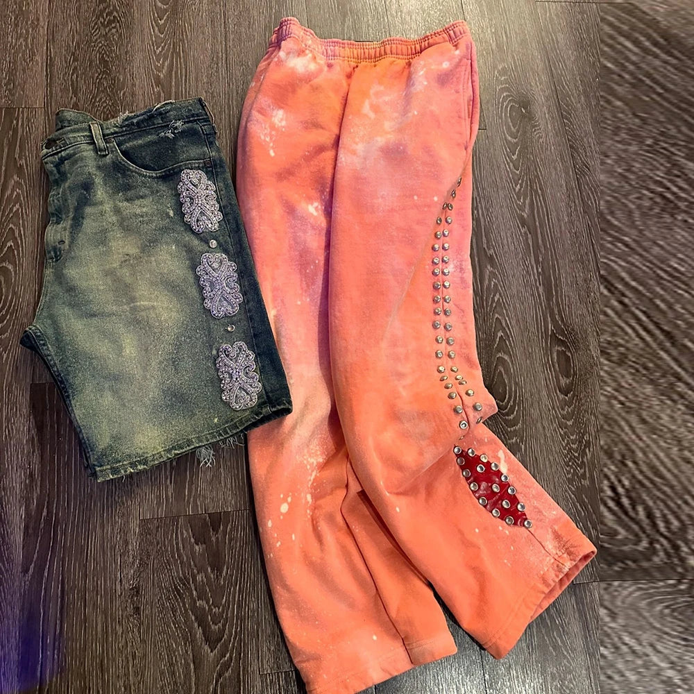 Thick Cotton Vintage Washed Sweatpants Men Custom Logo Printing Rhinestone Straight Leg Sweatpants
