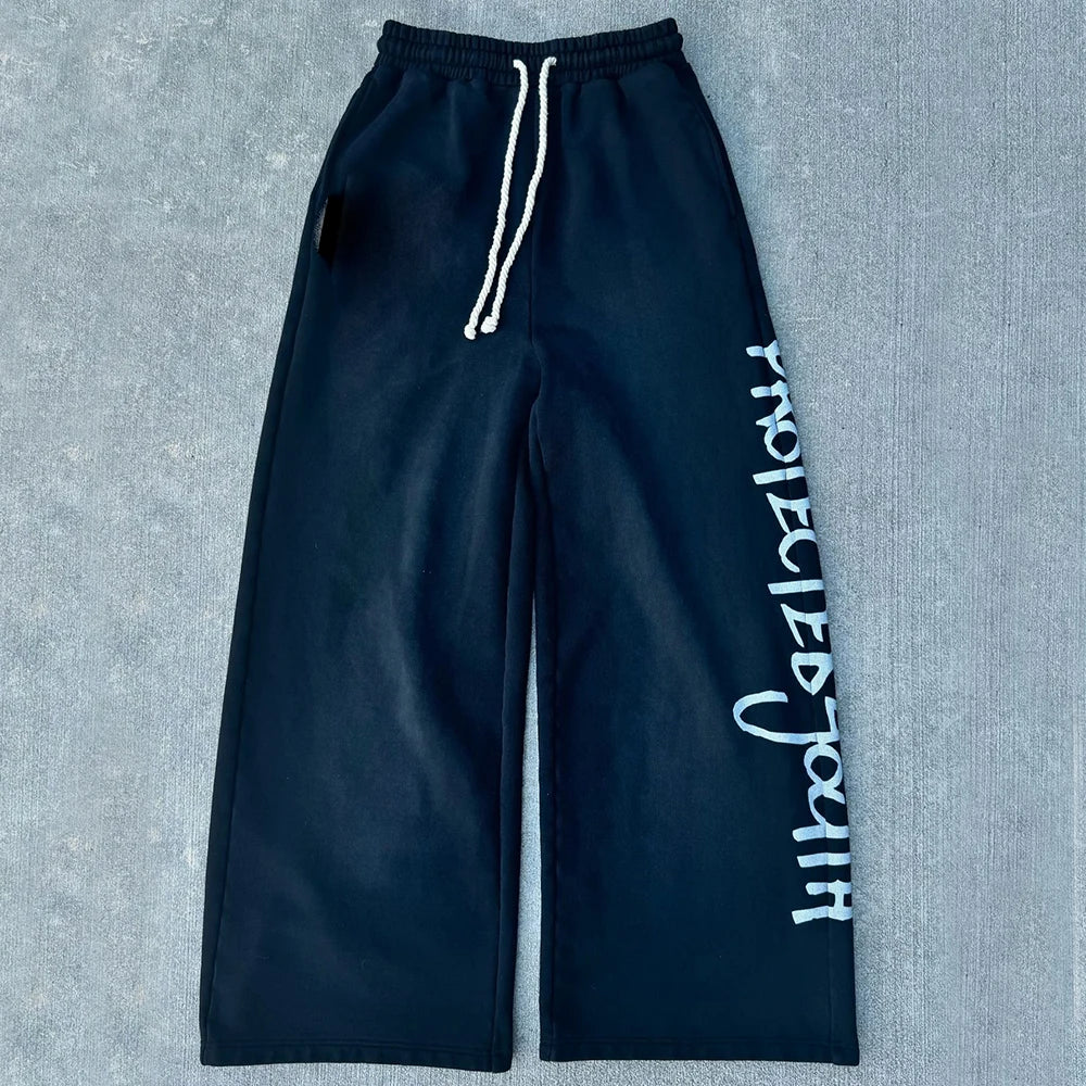 Cotton Sweat Pants Joggers Custom Logo Printed Men Sunfaded Vintage Heavyweight Baggy Wide Leg Sweatpants