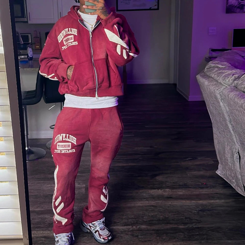 Two Piece Tracksuit Sweatsuits Custom Embroidery Logo Patched Men Sunfaded Vintage Washed Hoodies Sweatpants Sets