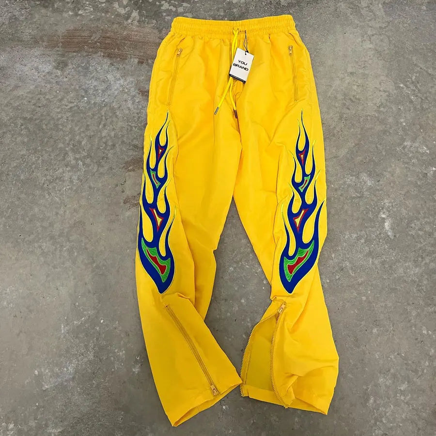 Basic Nylon Track Pants Men Custom Logo Graphic Print Zip Bottom Wide Leg Track Pants