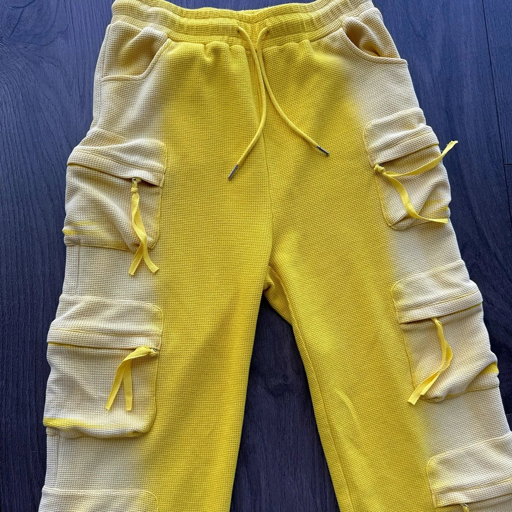 New Design Heavyweight Cotton Waffle Track Pants Men Custom Sunfaded Vintage Washed Straight Leg Cargo Sweatpants