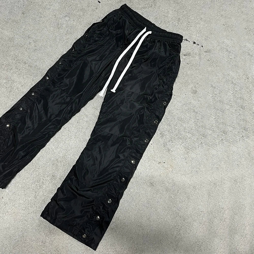 Custom Loose Pants Solid Color Wide Leg Track Pants Drawstring Waist Men Custom Snap Button Side Nylon Pants