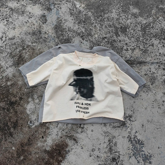 Oversized Heavyweight T-shirt Custom Screen Printed Men Vintage Washed Raw Hem Boxy Double Collar Tshirt