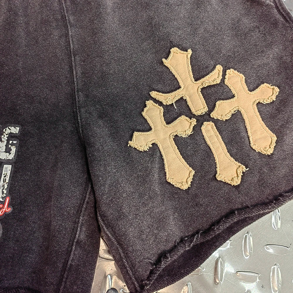 Vintage Wash Thick Cotton Streetwear Sweat Shorts Custom Logo Men Applique Embroidery Patched Raw Hem French Terry Shorts