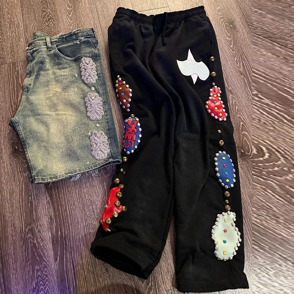 Thick Cotton Vintage Washed Sweatpants Men Custom Logo Printing Rhinestone Straight Leg Sweatpants