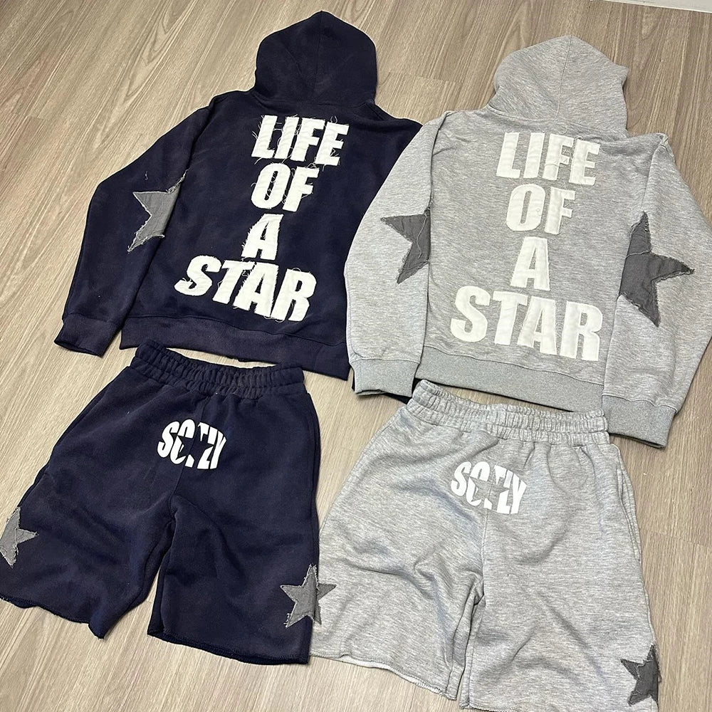 Sun Faded Washed Two Piece Zip Up Hoodie Double Waist Shorts Sets Men Custom Rhinestone Street Short Tracksuit Set
