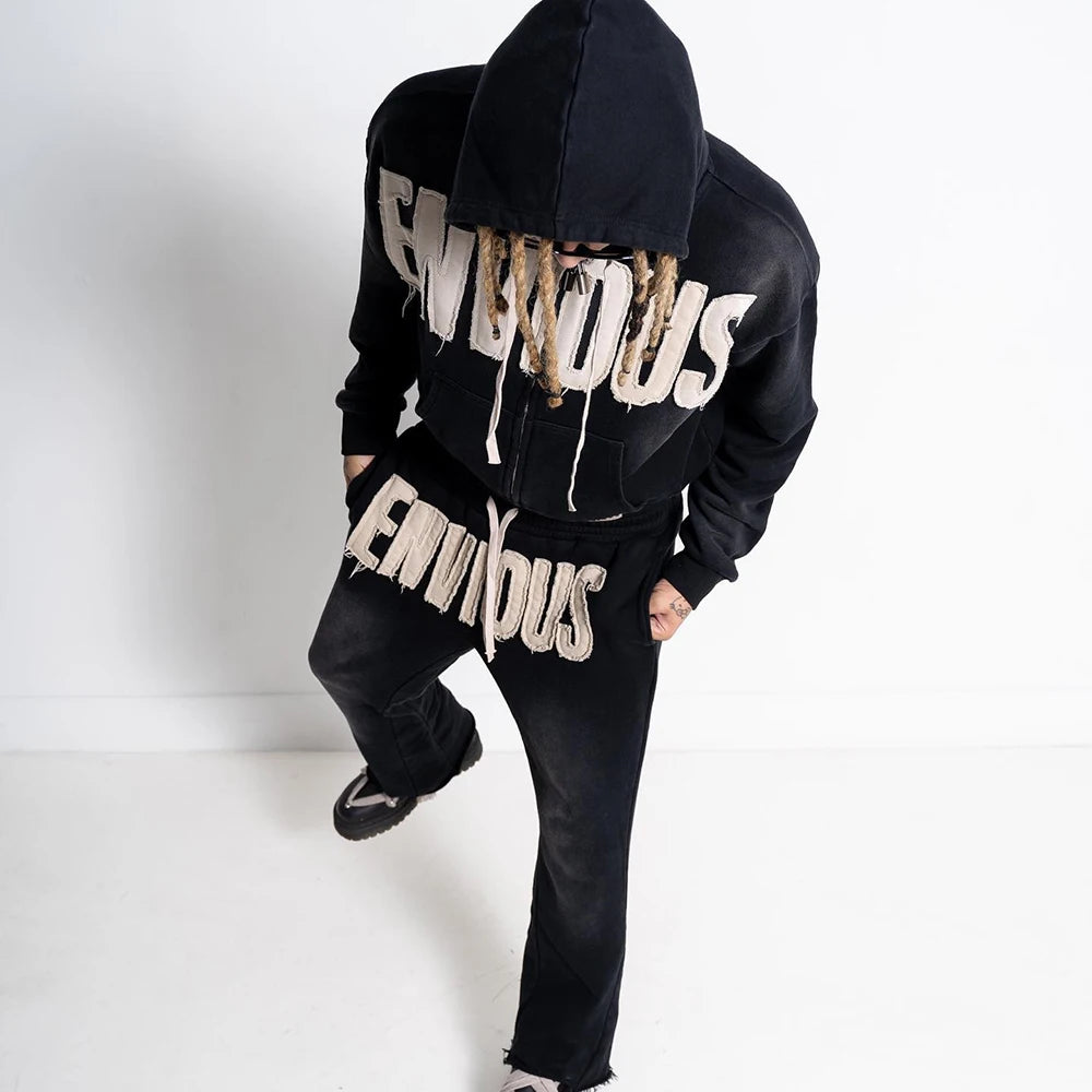 Winter New Arrival Heavyweight Cotton Two Piece Sets Tracksuit Sweatsuit Men Applique Logo Patched Hoodie Sweatpants Sets