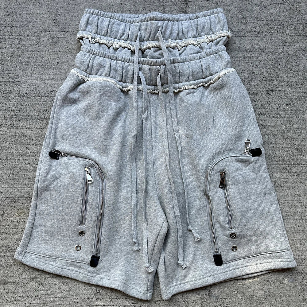 High Street Thick Cotton Sweat Shorts Men Custom Cargo Pockets Double Waist Streetwear Cargo Sweat Shorts
