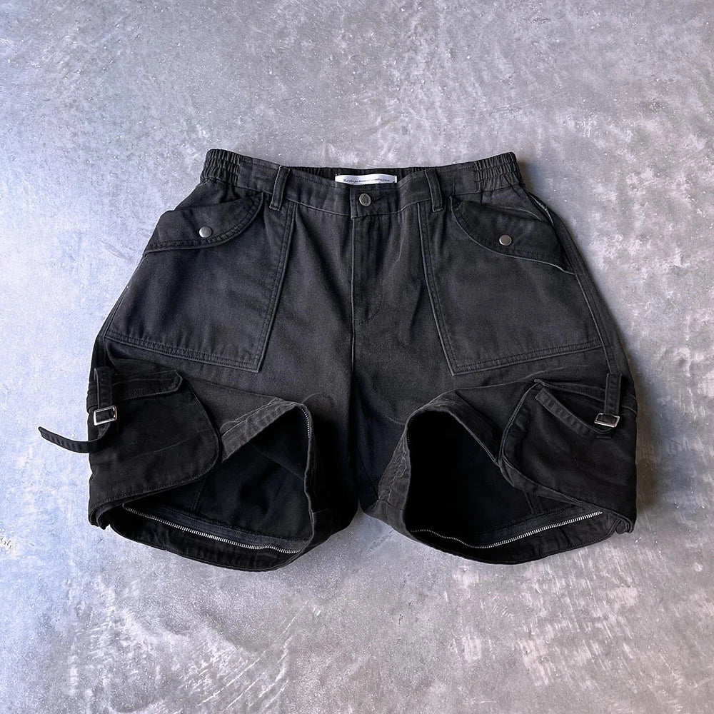 Factory New Arrival Vintage Washed Thick Cotton Black Work Pants Trousers Men Custom Wide Leg Convertible Cargo Pants