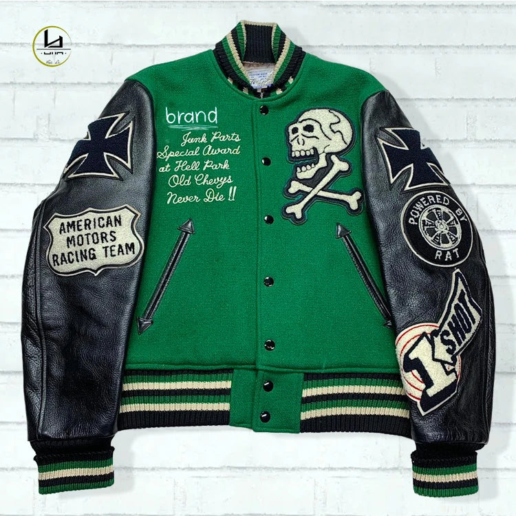 factory manufacture high quality college letterman baseball jacket custom embroidery mens varsity jacket with leather sleeves