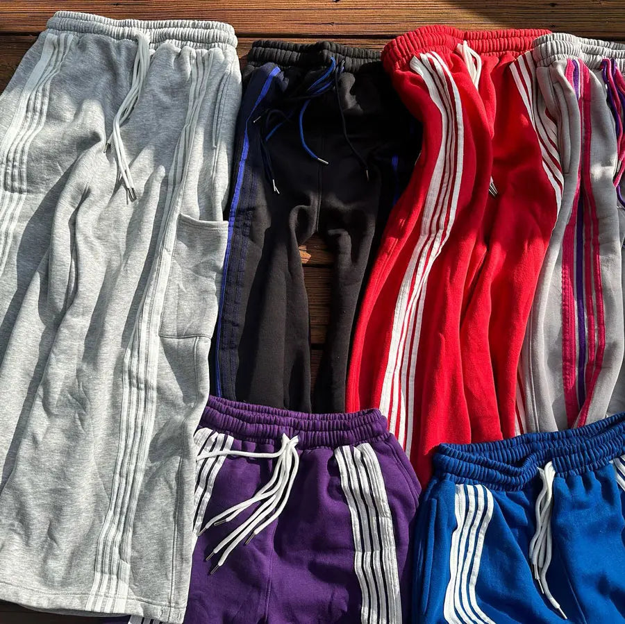 Factory Custom Striped Design Oversized Straight Leg Sweatpants Men Thick Cotton Drawstring Waist Baggy Wide Leg Pants